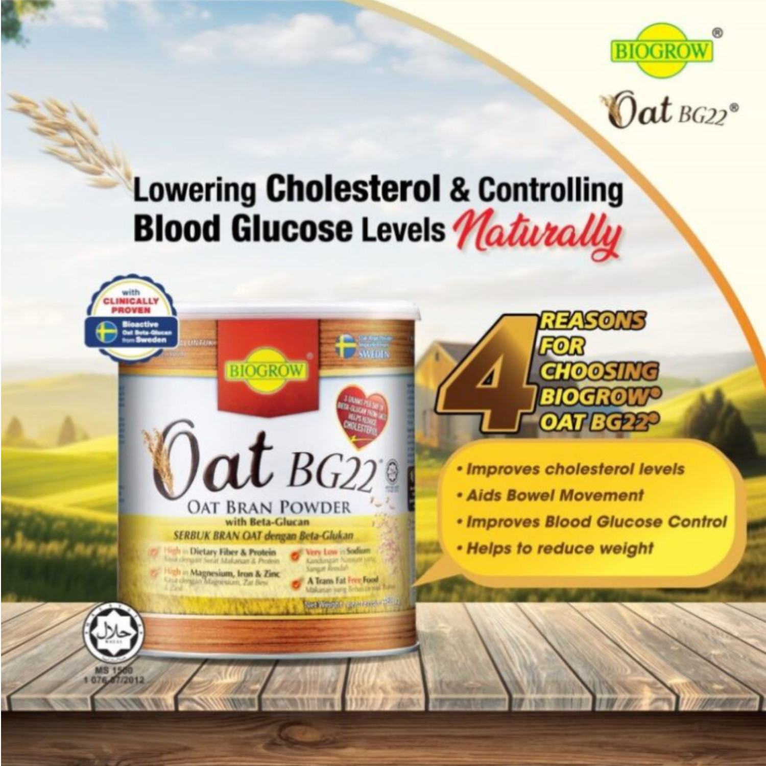 Biogrow Bg22 Oat Beta Glucan Powder 480G X 3 , Lowers Cholesterol Naturally