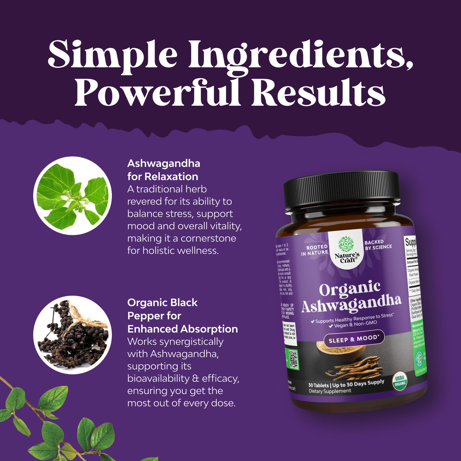 Natures Craft High Strength Organic Ashwagandha Supplements – Calm Mood Support