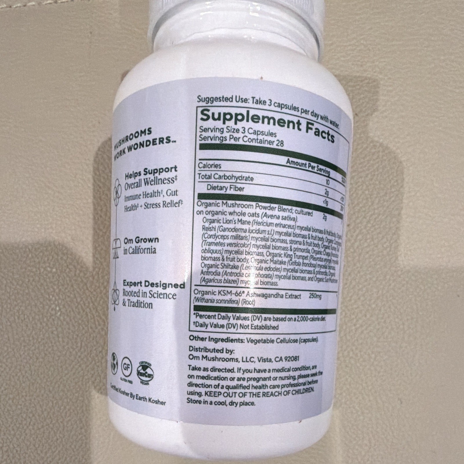 Om Master Blend Mushroom Capsules w/ KSM-66 Ashwagandha 84 Non-GMO Kosher