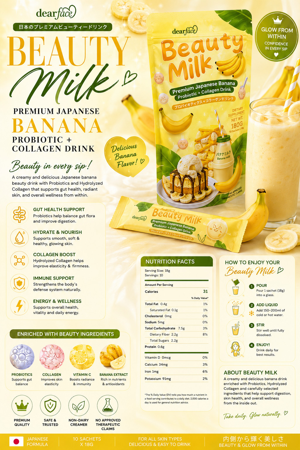 Dear Face Beauty Milk Premium Japanese Banana Probiotics + Collagen Drink
