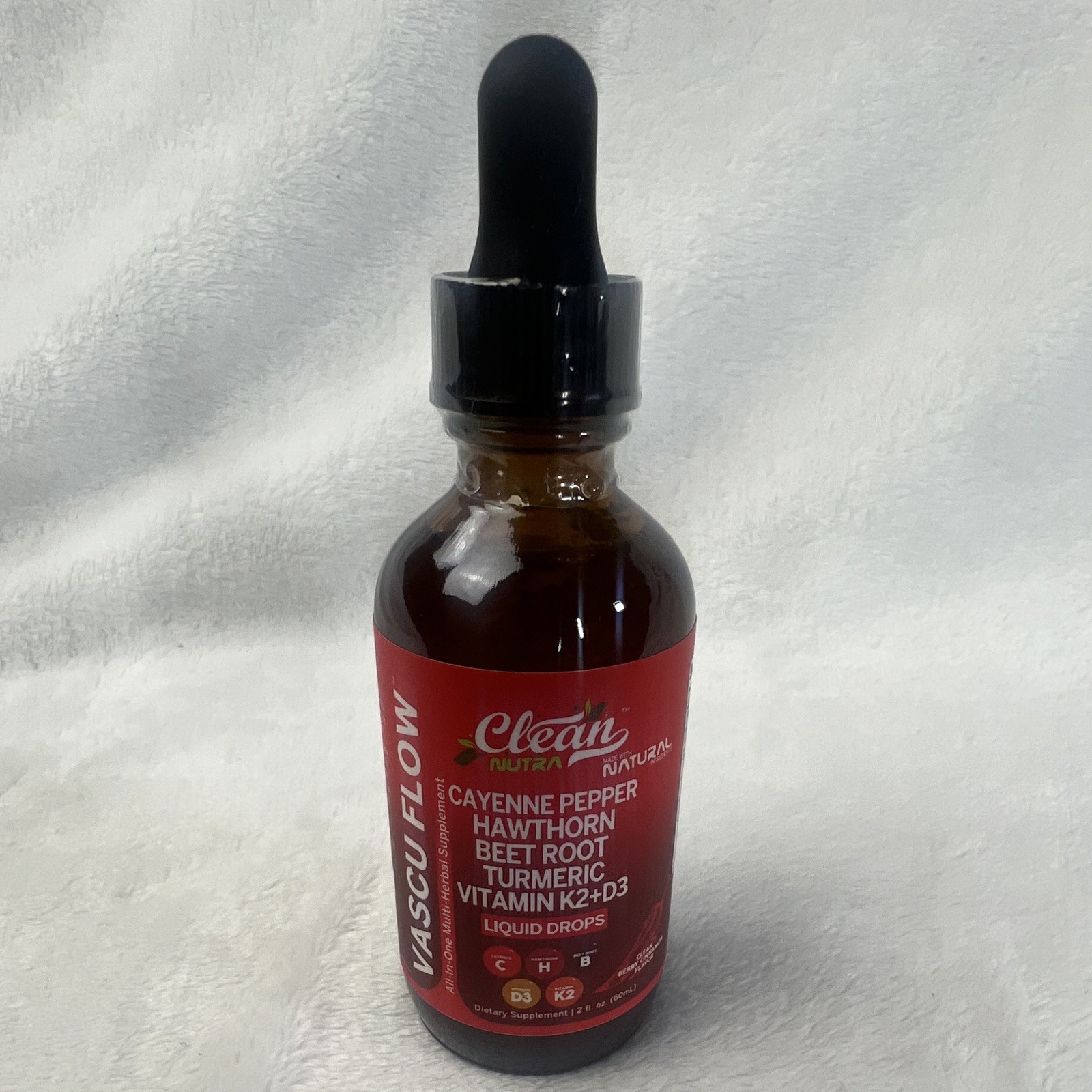 Clean Nutra Vascu Flow Liquid Drops Cayenne Hawthorn Beet Root D3 K2 2 fl oz