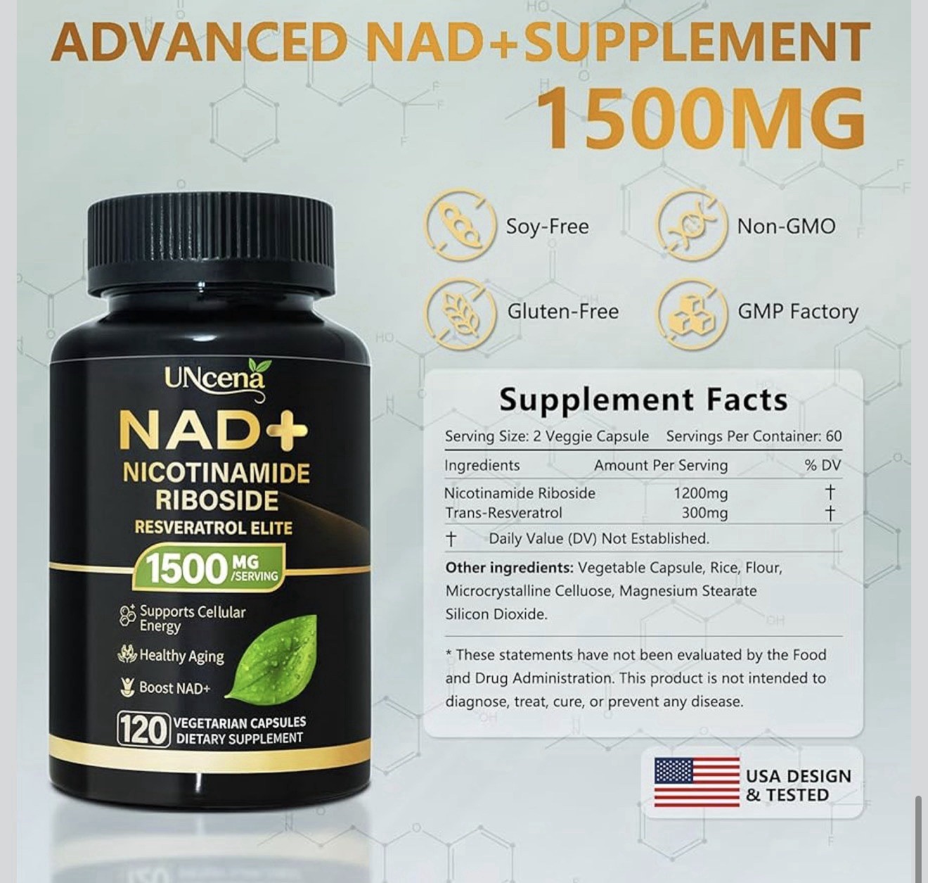 UNcena NAD+ Nicotinamide Riboside + Trans-Resveratrol 1500mg 120 Ct