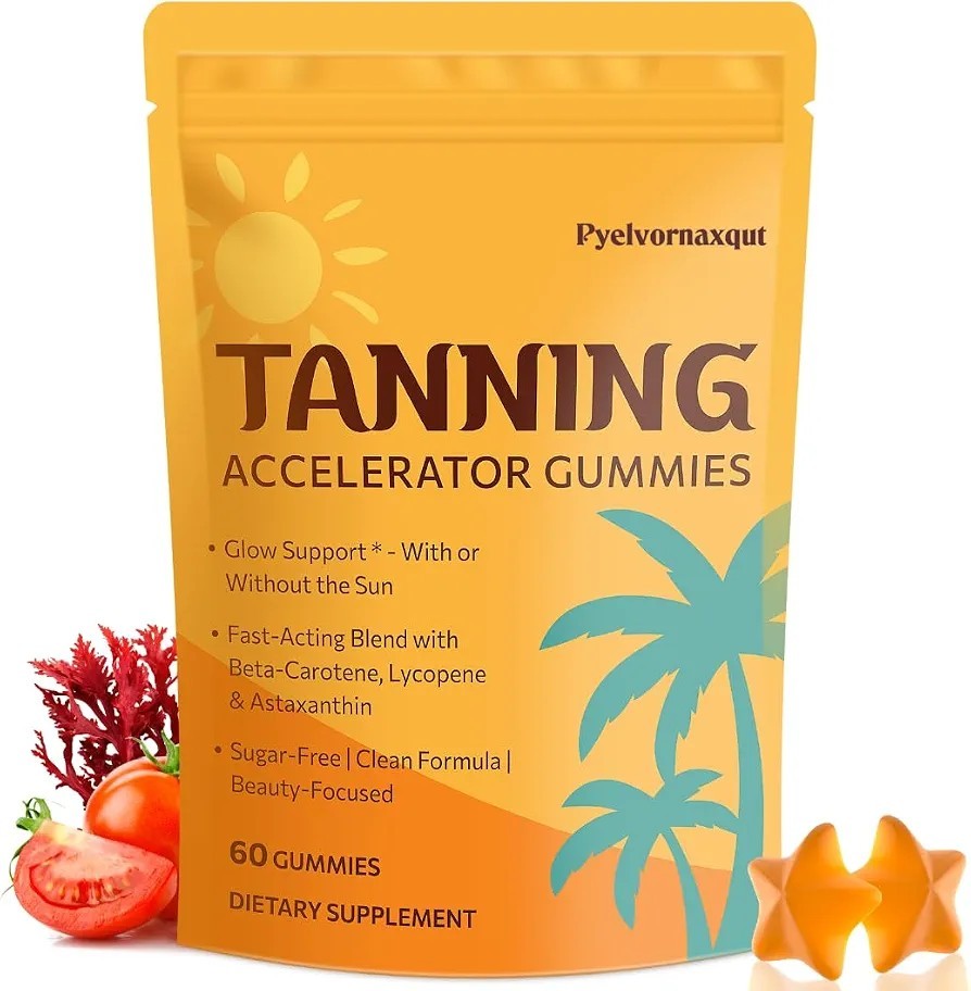 Pyelvornaxqut Tanning Accelerator Gummies 60 Count Sugar-Free Dietary Supplement