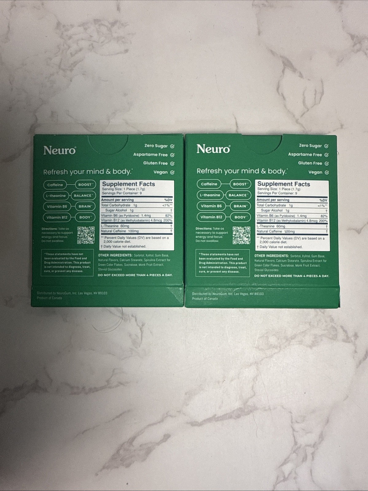 Neuro Gum EXTRA STRENGTH 100MG B-12 Nootropics Caffeine 2pk 18 pcs Boost Energy