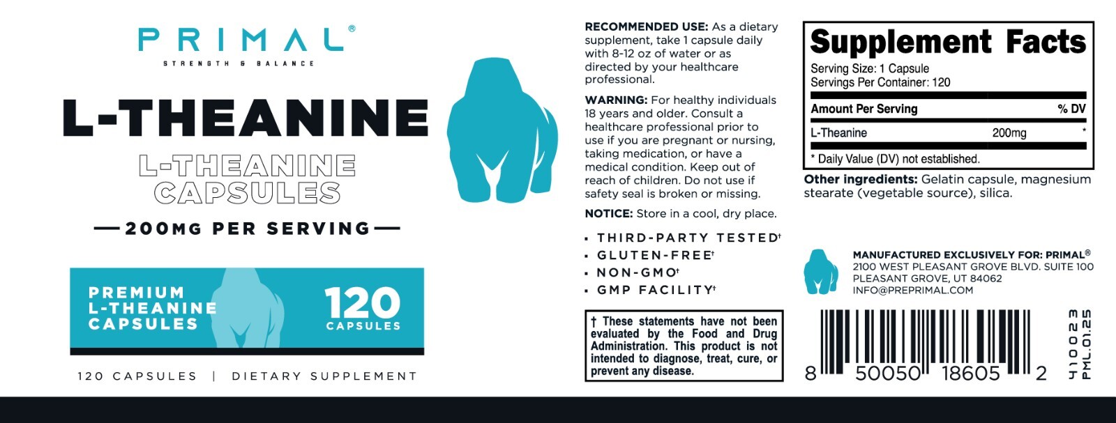 Primal L-Theanine Capsules (120 Servings, 200mg Per Serving)