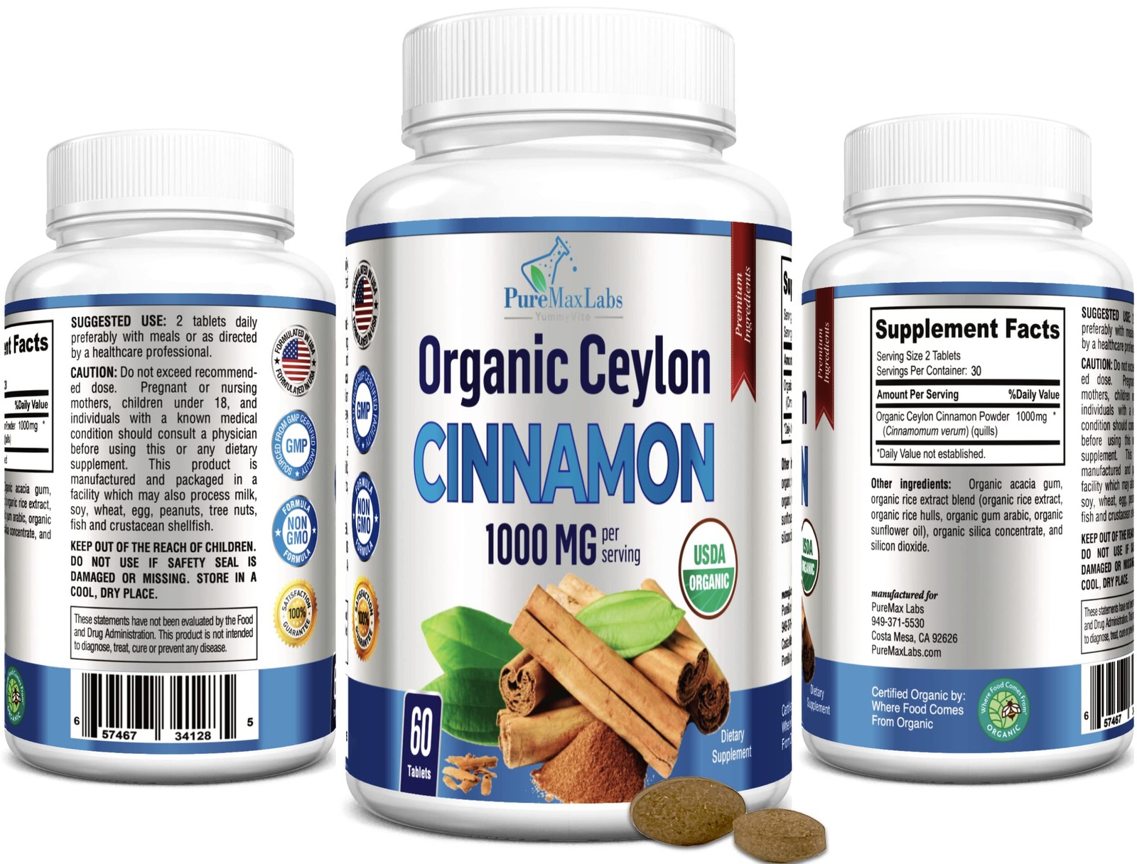 Organic Ceylon Cinnamon – 1000mg per Serving, 60 Count (Pack of 1)