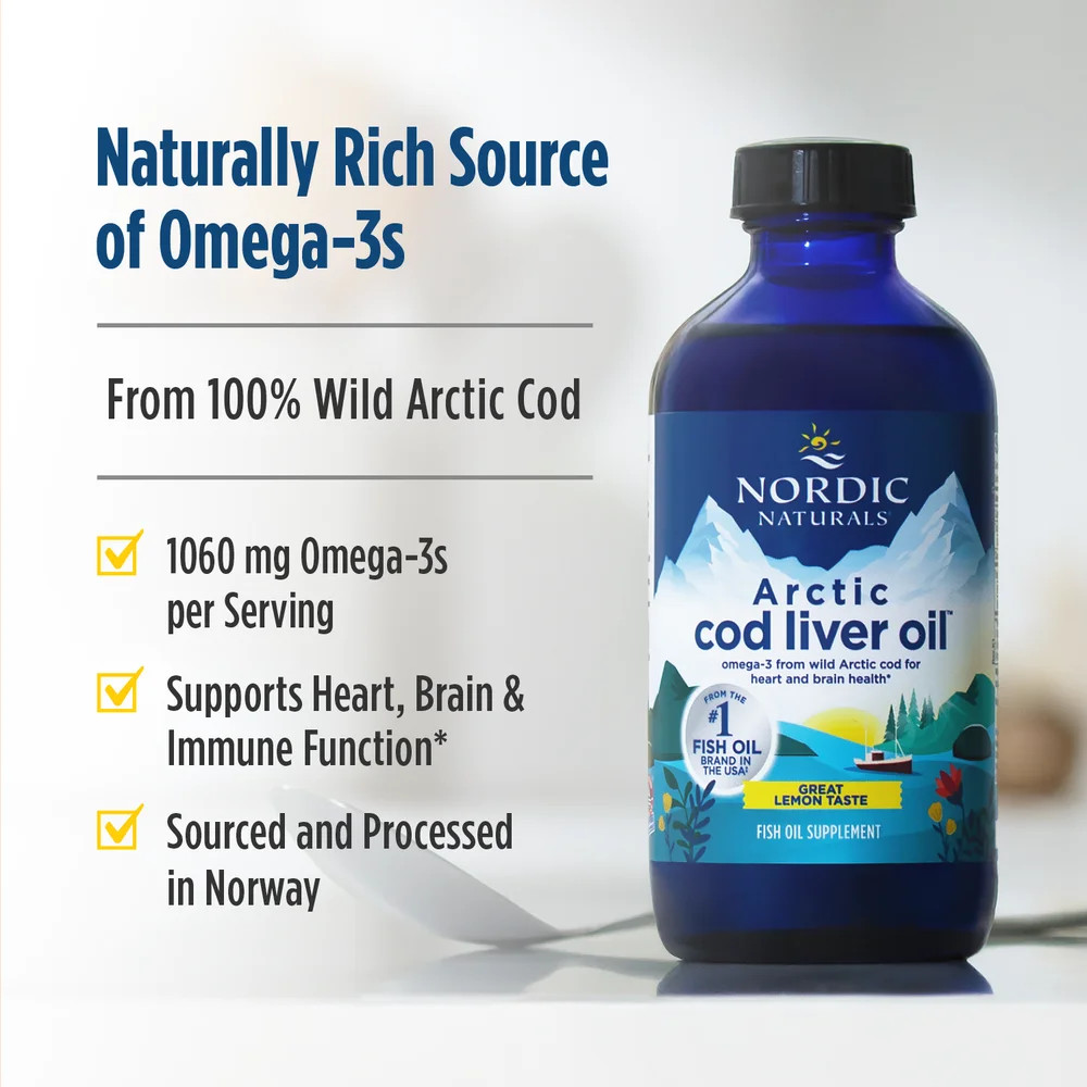 Nordic Naturals Arctic CLO – 100% Wild Cod Liver Oil, Lemon Flavor, 8 Oz