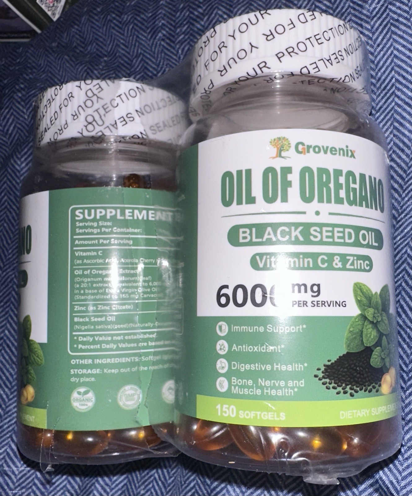 Grovenix Oil of Oregano Black Seed Oil Vitamin C Zinc 6000mg 150 Softgels