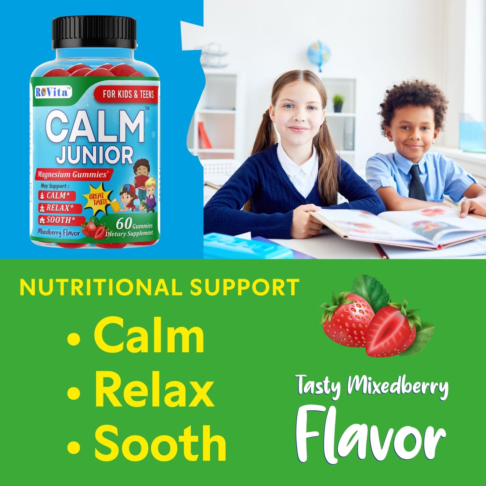 RoVita Calm Jr. Magnesium Gummies for Kids and Teen: Stress Relief & Focus 60G