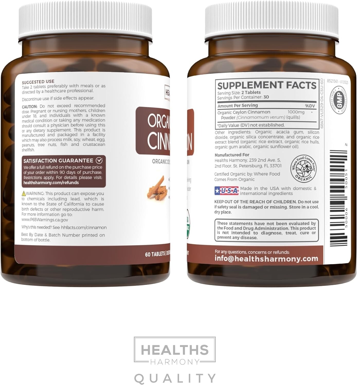 Health’s Harmony USDA Organic Ceylon Cinnamon (60 Tablets) 1000mg Cinnamon