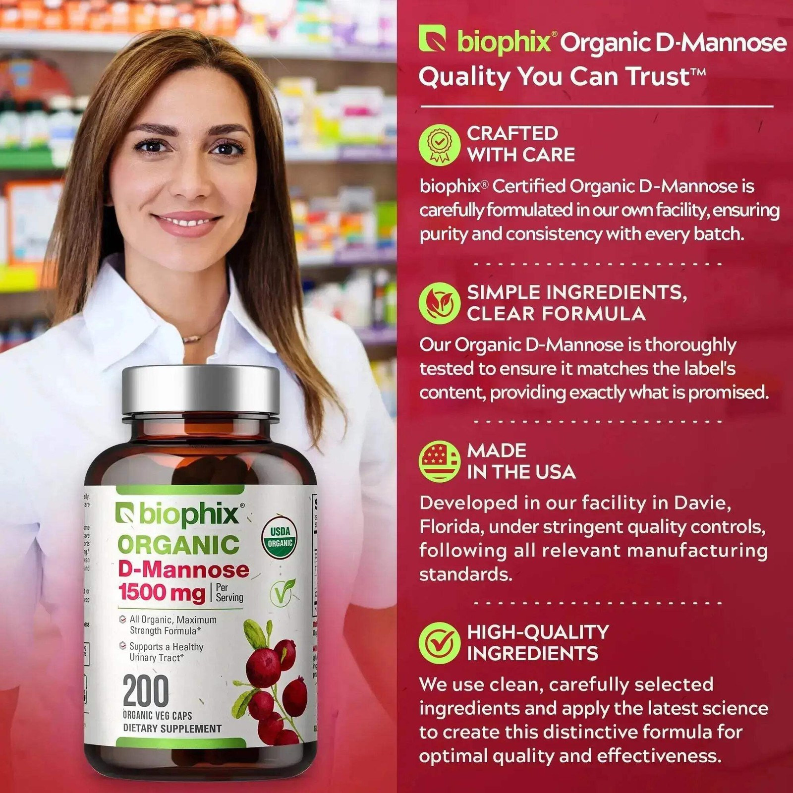 biophix D-mannose USDA Organic 1500 mg 200 Vegetarian Capsules