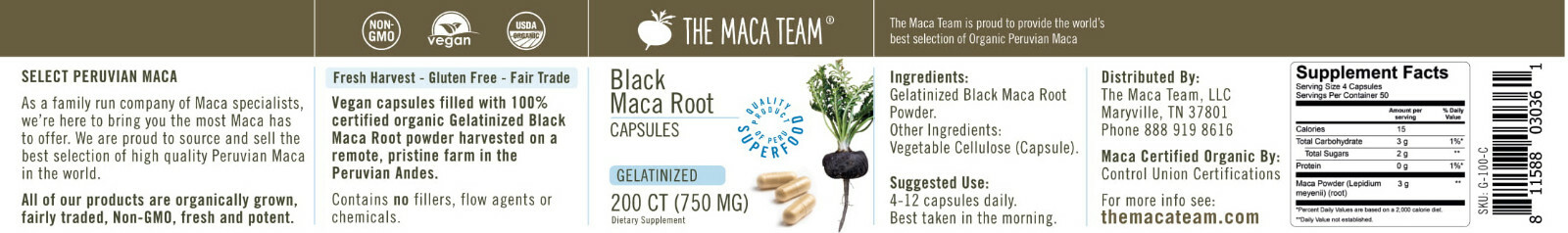 Gelatinized Black Maca Root Capsules – Certified Organic, Fresh Harvest GMO-Free