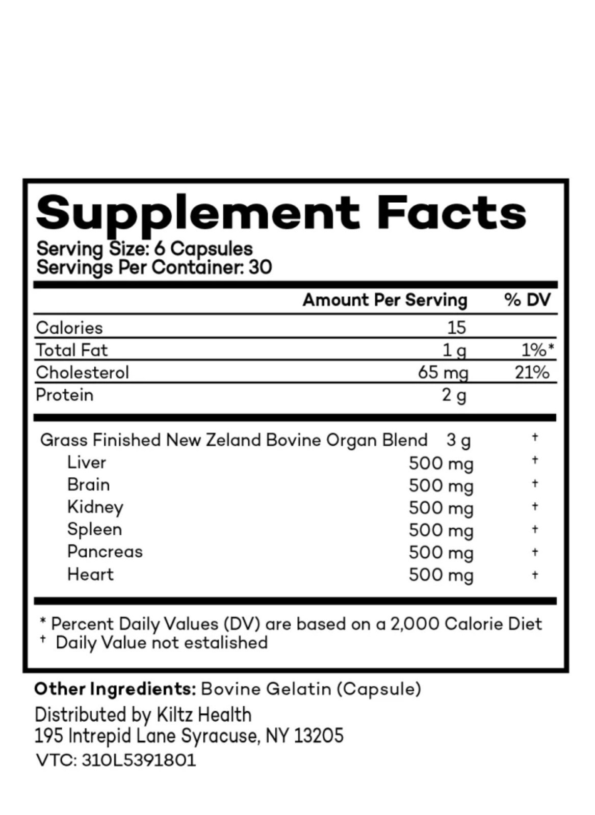 Kilts Health Grass Fed Organ Meat Blend Dietary Supplement 180 Capsules