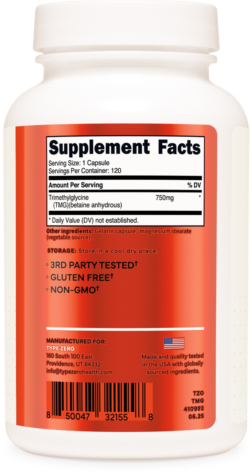 Type Zero Clean TMG (Trimethylglycine) 120 Capsules, 750mg Per Serving
