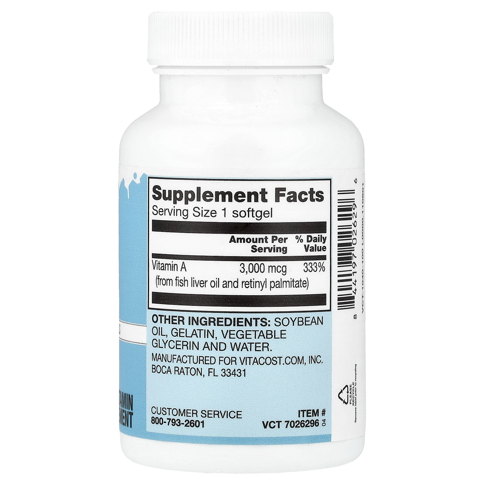 Vitamin A, 3,000 mcg (10,000 IU), 100 Softgels