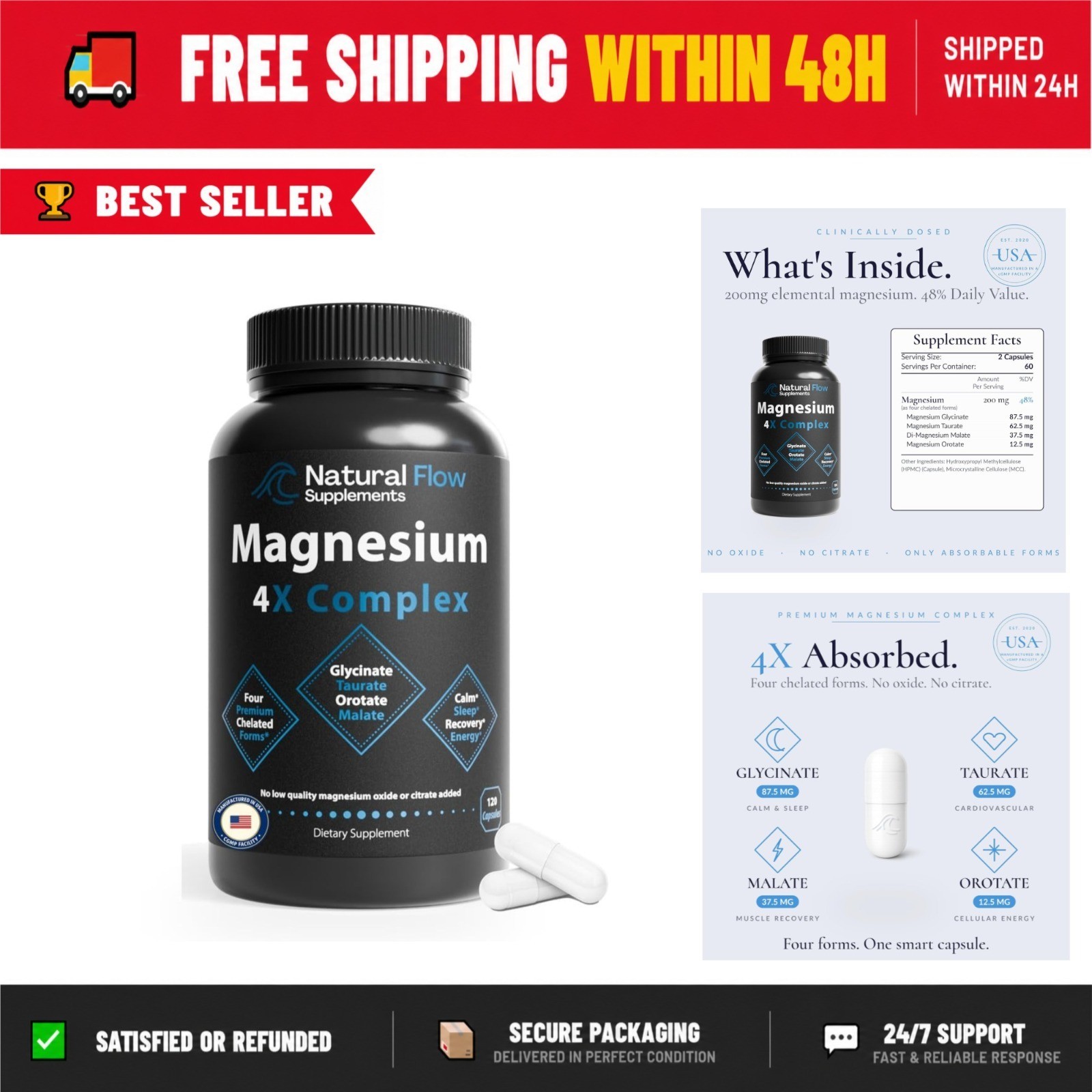 Natural Flow Magnesium Glycinate Complex – 200mg – 120 Veg Capsules