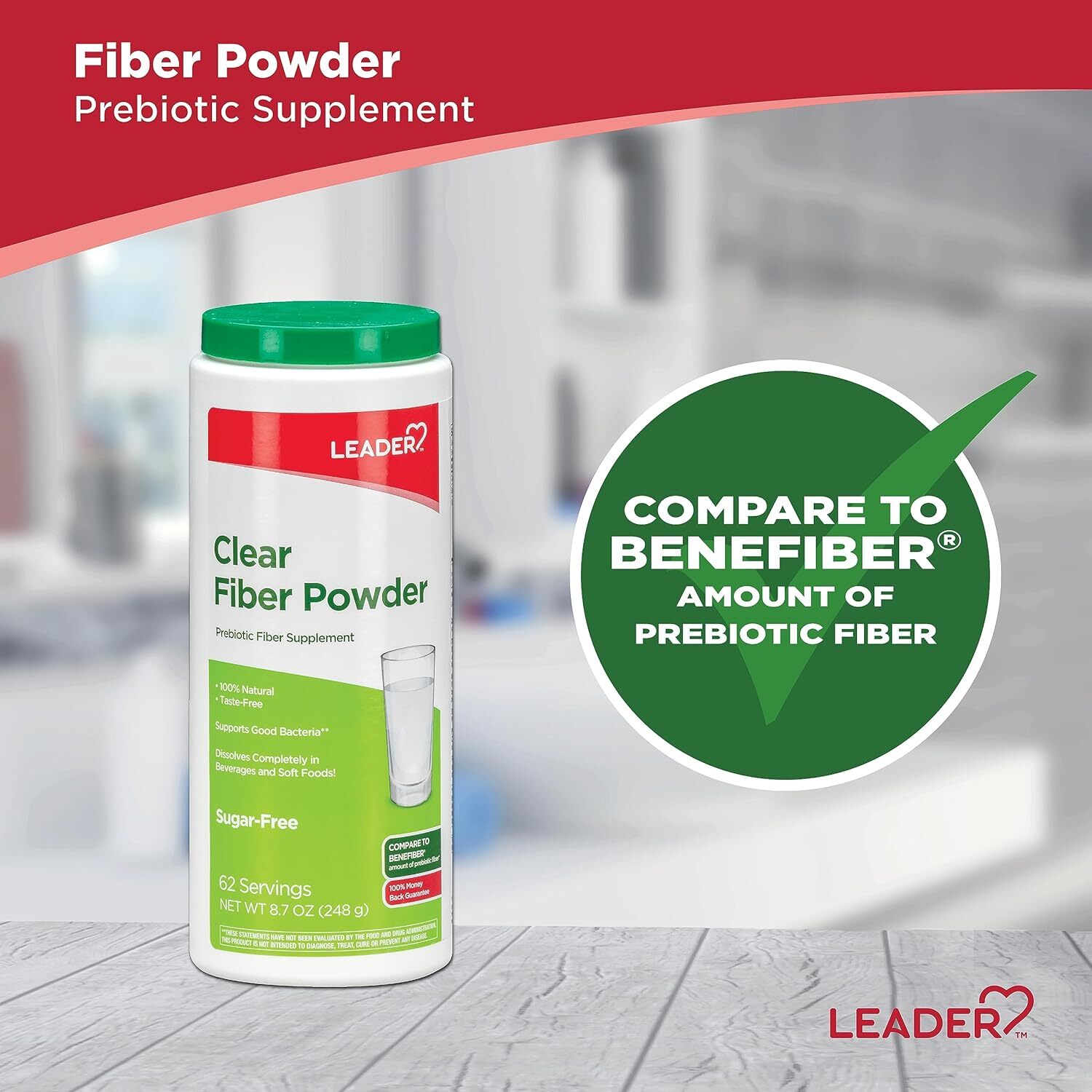 Leader Clear Fiber Prebiotic Supplement Powder Sugar Free 8.6 Ounces