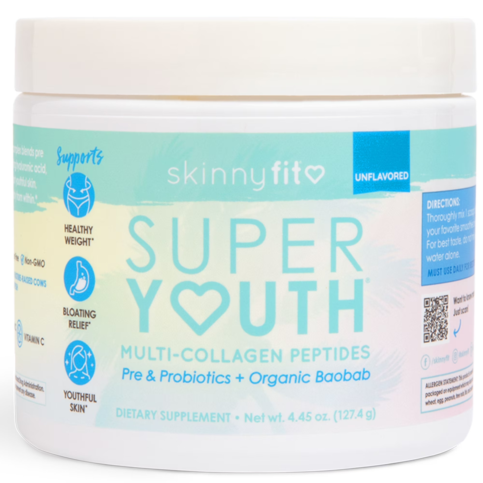 SkinnyFit Super Youth Collagen Peptides Powder Unflavored Probiotics 14 Servings