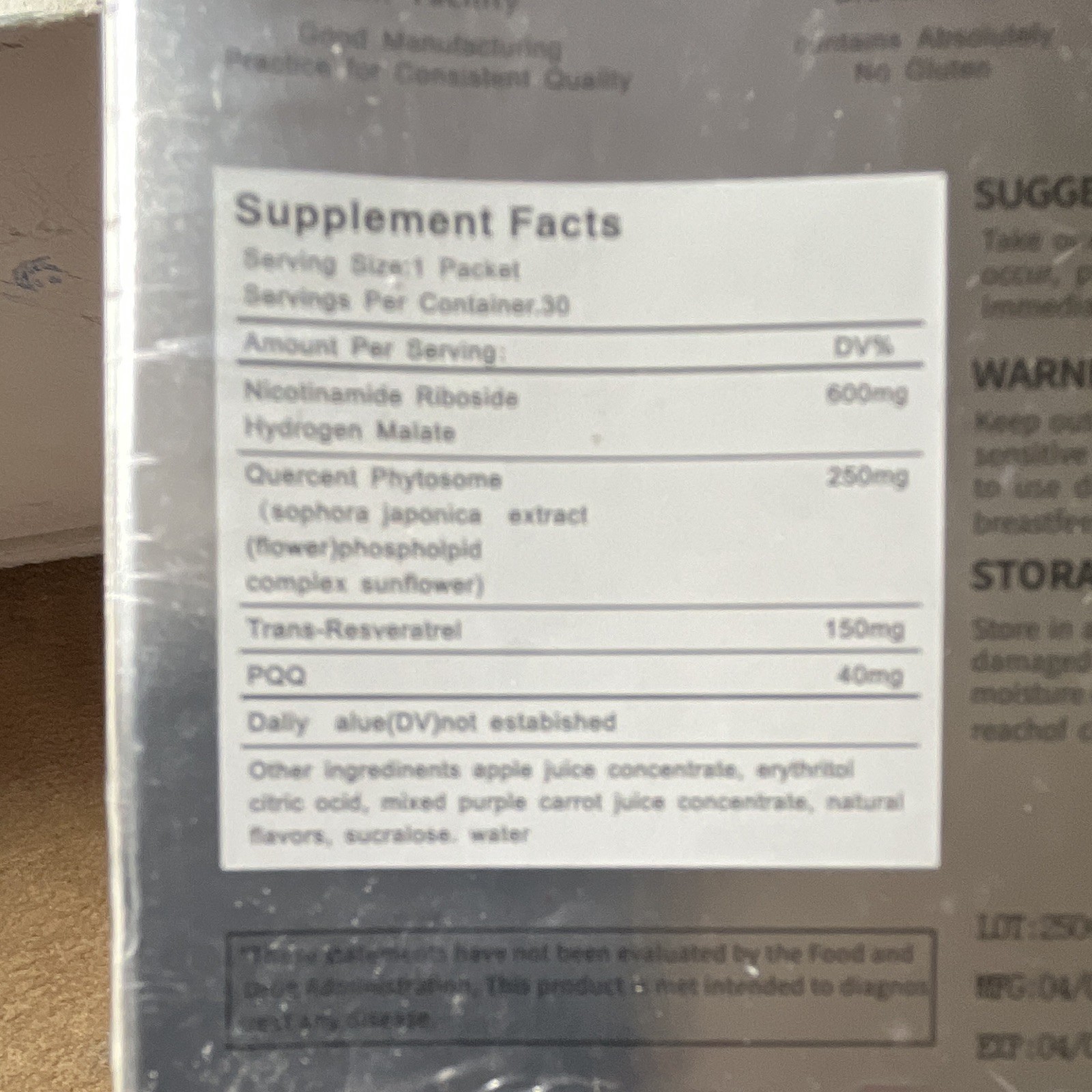 NAD+ 1000mg Powder Packets 30ct NR PQQ Trans-Resveratrol Quercetin