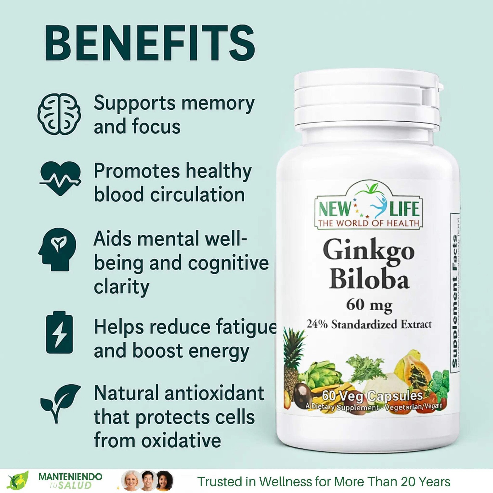 New Life Ginkgo Biloba 60mg, Cognitive Support, 60 Veg Capsules