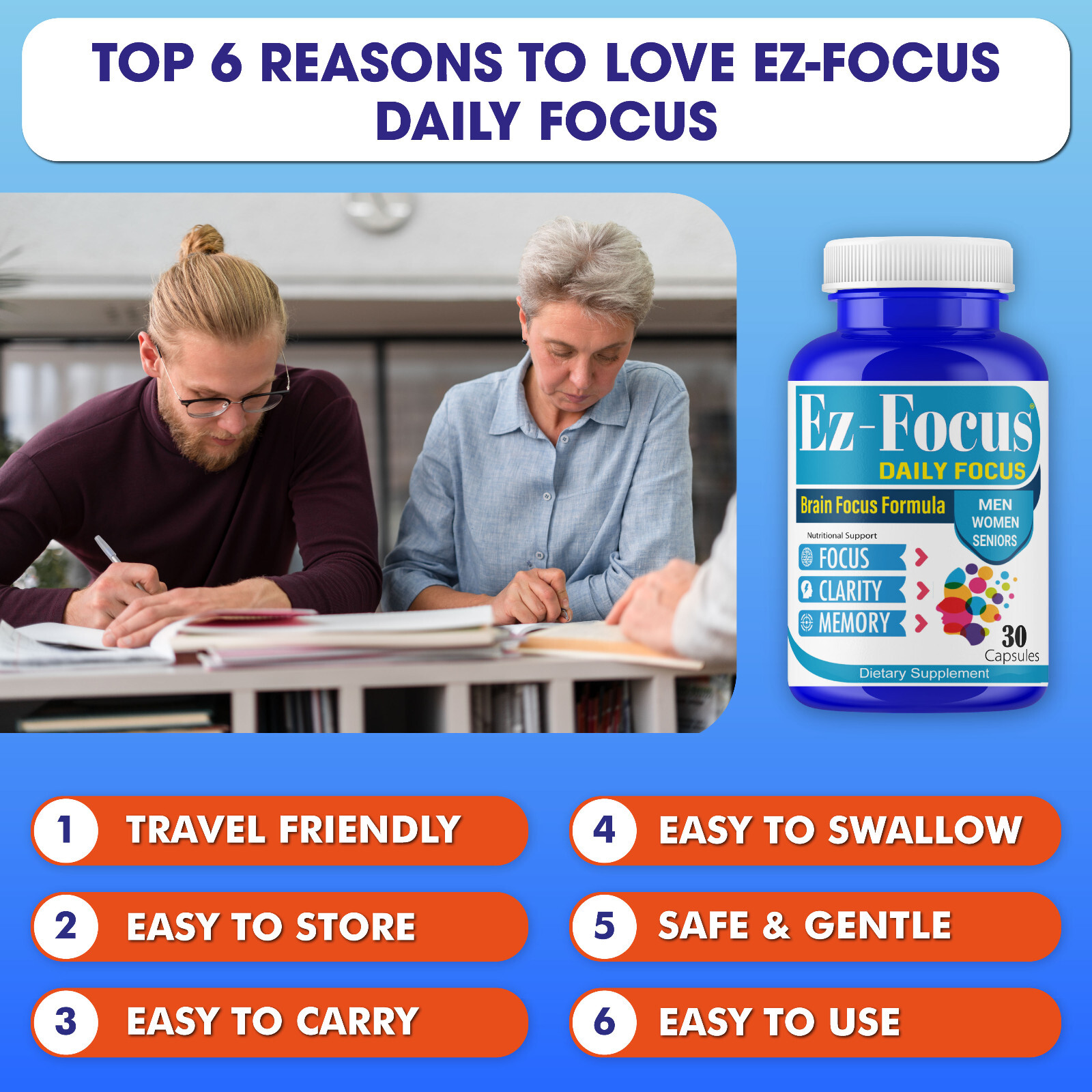 EZ-Focus Brain Booster Supplement & Focus Vitamins for Seniors and Adults 60Caps