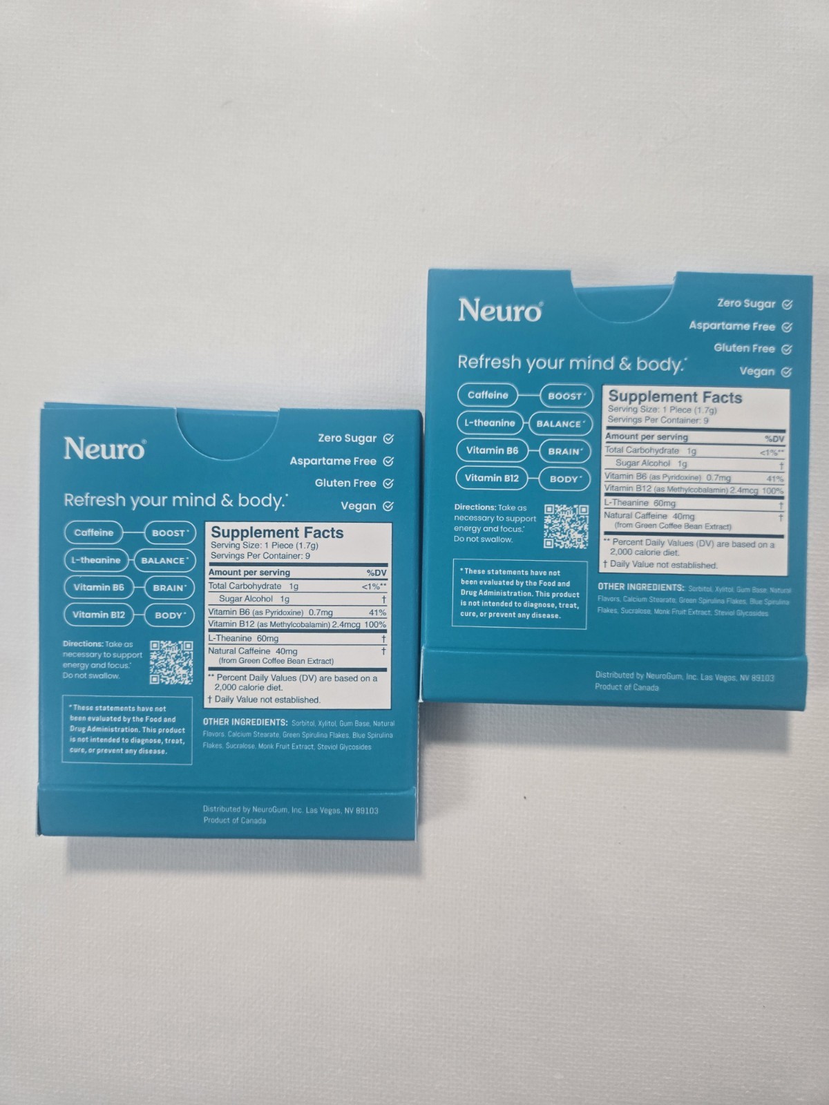 Neuro Gum L-theanine B-12 Nootropics Caffeine 2pk 18 pcs WINTERGREEN Flavor