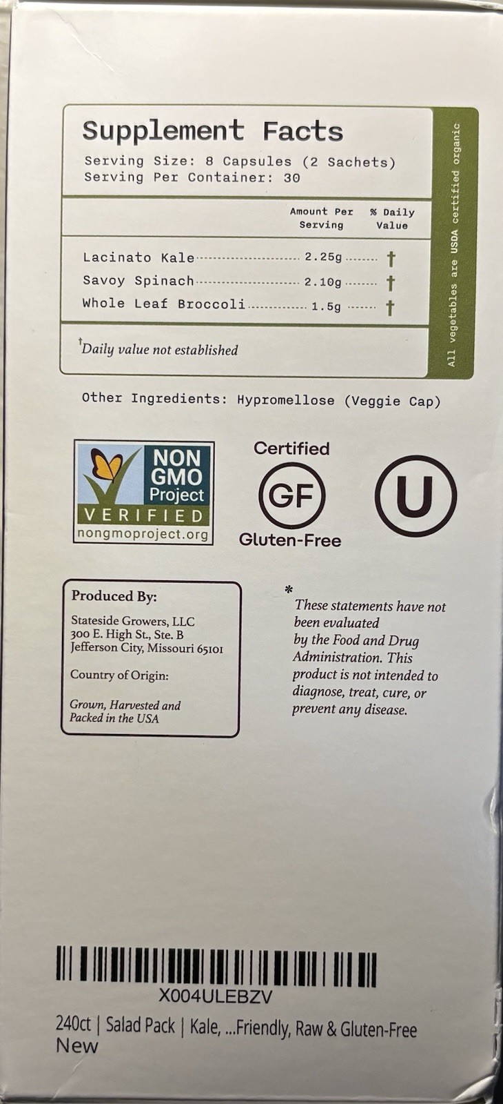 Stateside Growers Salad Pack Greens Digestive Health 240 Capsules 30 Servings