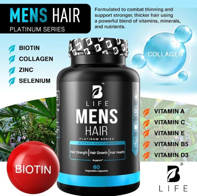 B Life Men’s Hair Growth Supplement Biotin & Collagen Hair Vitamins 60 Capsules