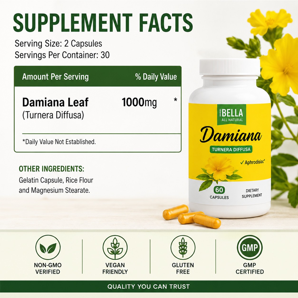Damiana Leaf Capsules 180 Count 3 Pack Turnera Diffusa Herbal Supplement