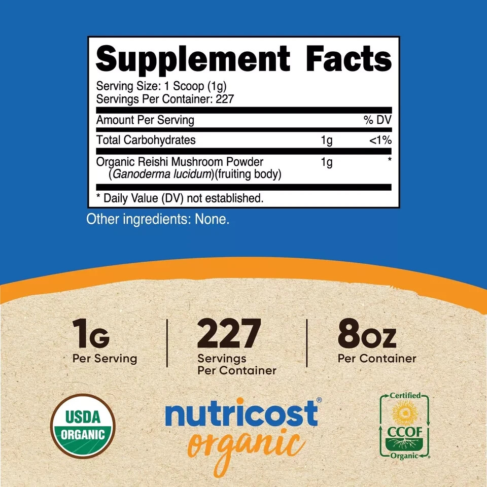Nutricost Reishi Mushroom Powder ORGANIC 8oz – Non-GMO – GF – EXP 08/2027