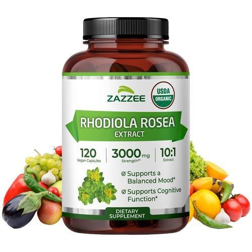 3 X Zazzee Organic Rhodiola 10:1 Exract, 3000 mg Strength, 120 Vegan Capsules