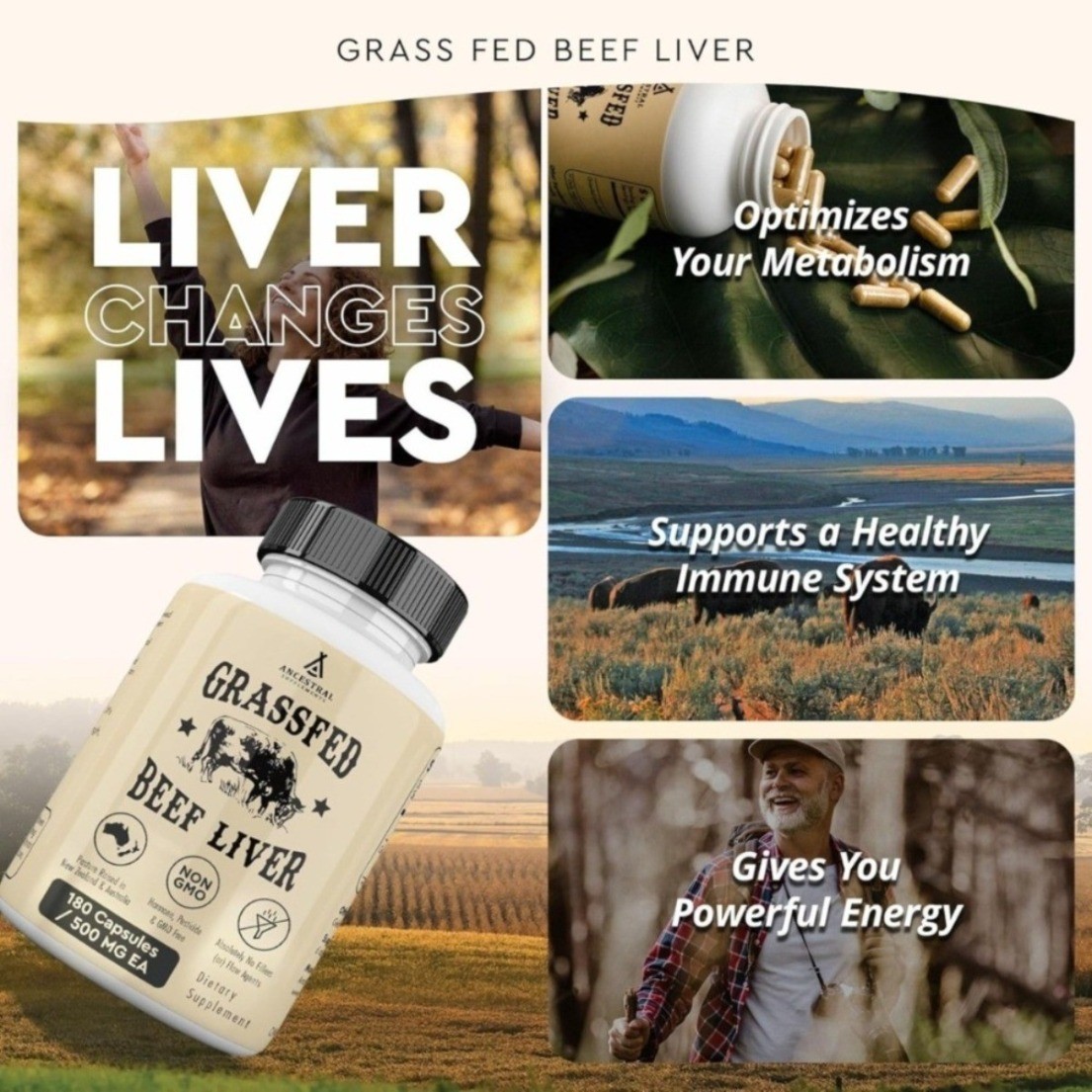 Ancestral Supplements Grassfed Beef Liver Capsule Pasture Raised 180ct Nutrition