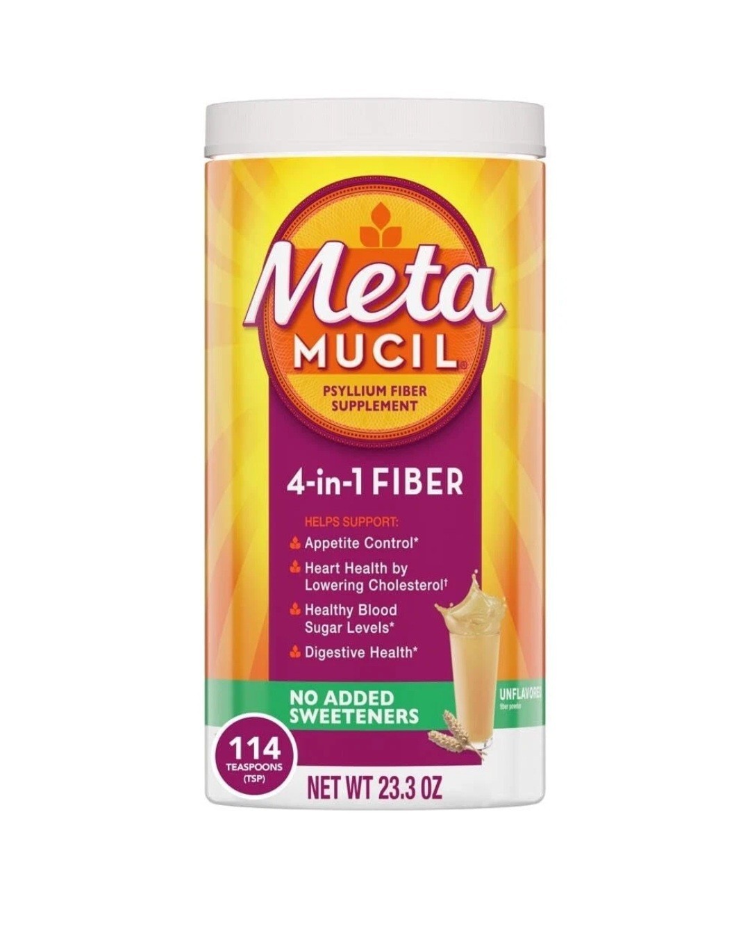Metamucil Psyllium Husk Powder Sugar-Free Unflavored Supplement, 23.3 oz