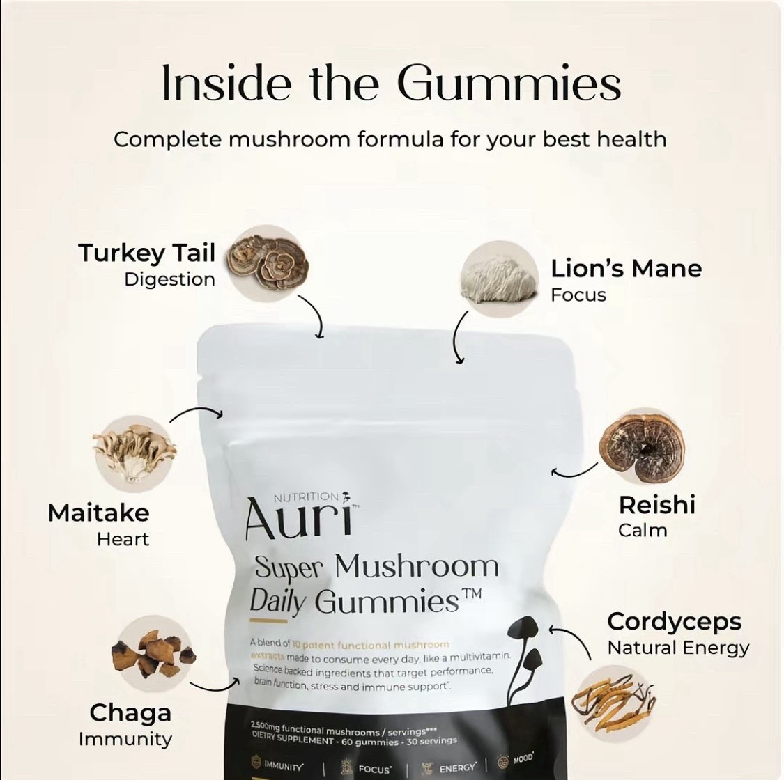Auri Super Mushroom Daily Gummies Immune Energy Mood Support Wild Raspberry 60