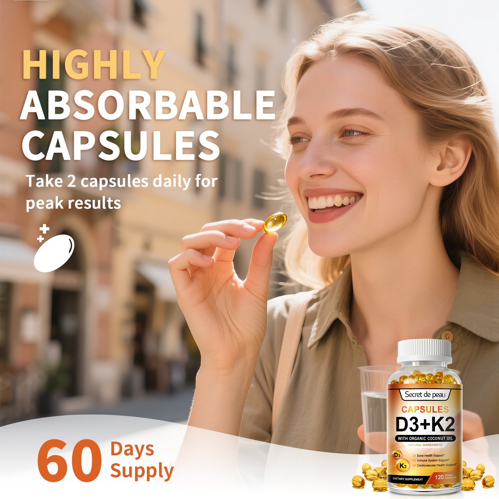 Vitamin K2 (MK7) + D3 Extra Strength Bone & Heart Health Non GMO Capsules