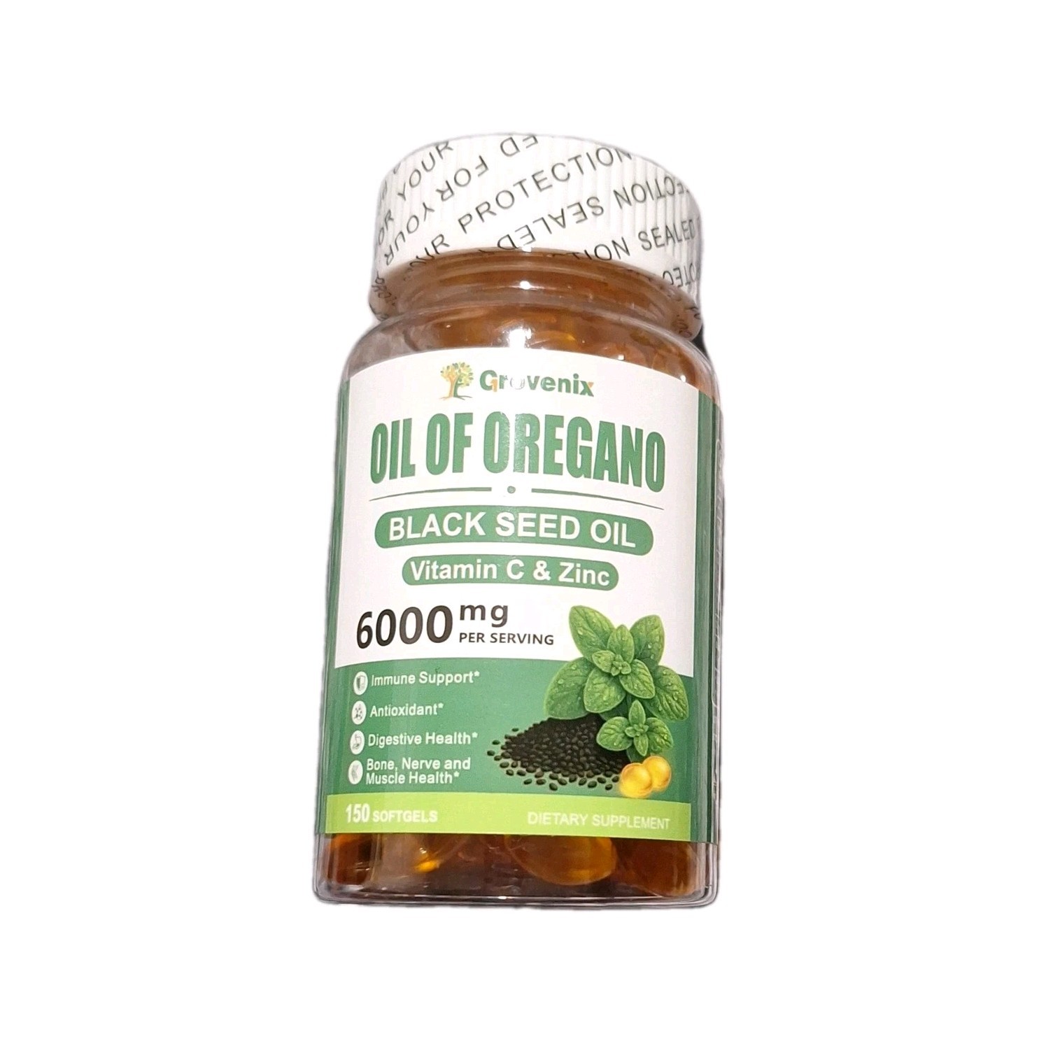 Grovenix Oil of Oregano Black Seed Oil Vitamin C Zinc 6000mg 150 Softgels