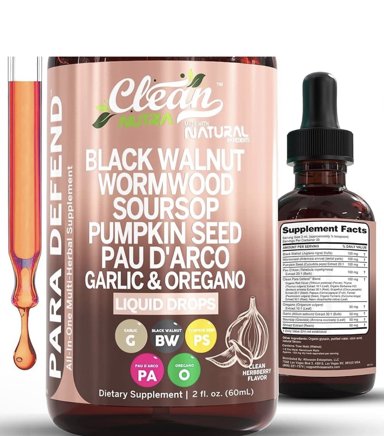 Clean Nutra Para Defend Herbal Supplement Black Walnut Wormwood Liquid Drop 2 oz