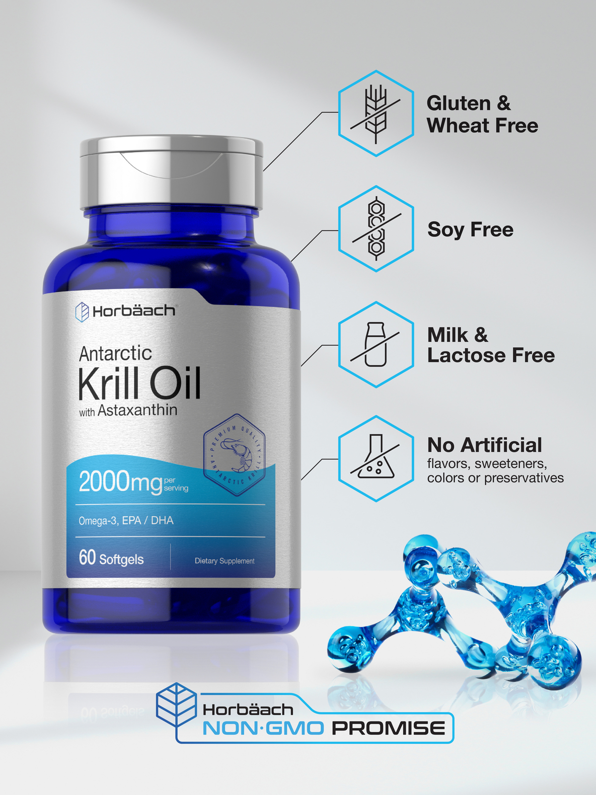 Horbaach Krill Oil 2000mg | 60 Softgel Capsules | Omega 3, EPA, DHA, Astaxanthin