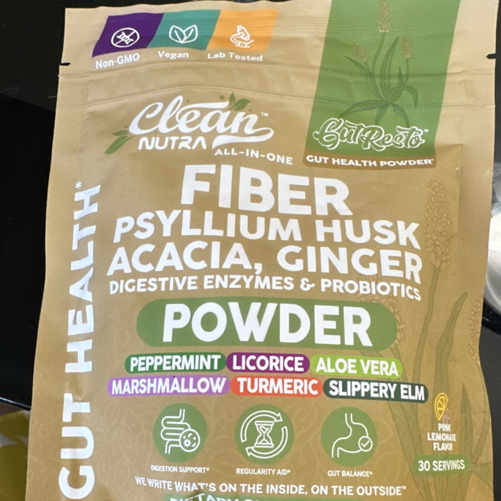 Clean Nutra Gut Resto Fiber Psyllium Acacia Ginger Powder Pink Lemonade Vegan