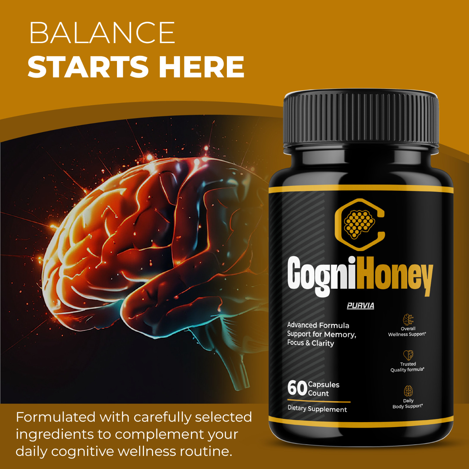 Cogni Honey Capsules Memory Focus Sharp Mind CogniHoney Supplements Pills (60ct)