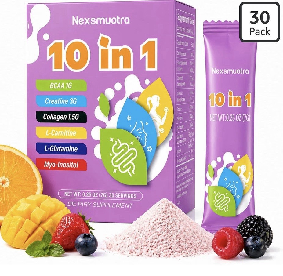 Nexsmuotra 10 in 1 Creatine Powder Stick Packs Tropical Orange 30 Count 7g