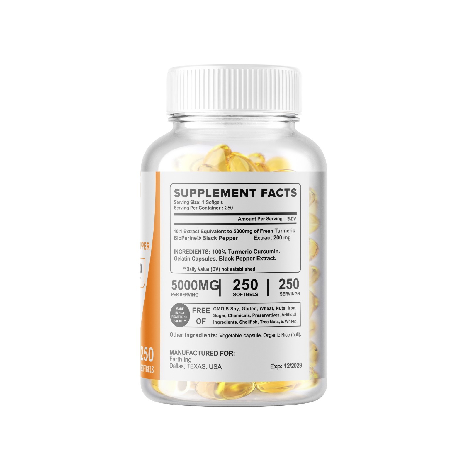 Turmeric Curcumin 5000mg Herbal Extract with BioPerine Servings 250 Softgels