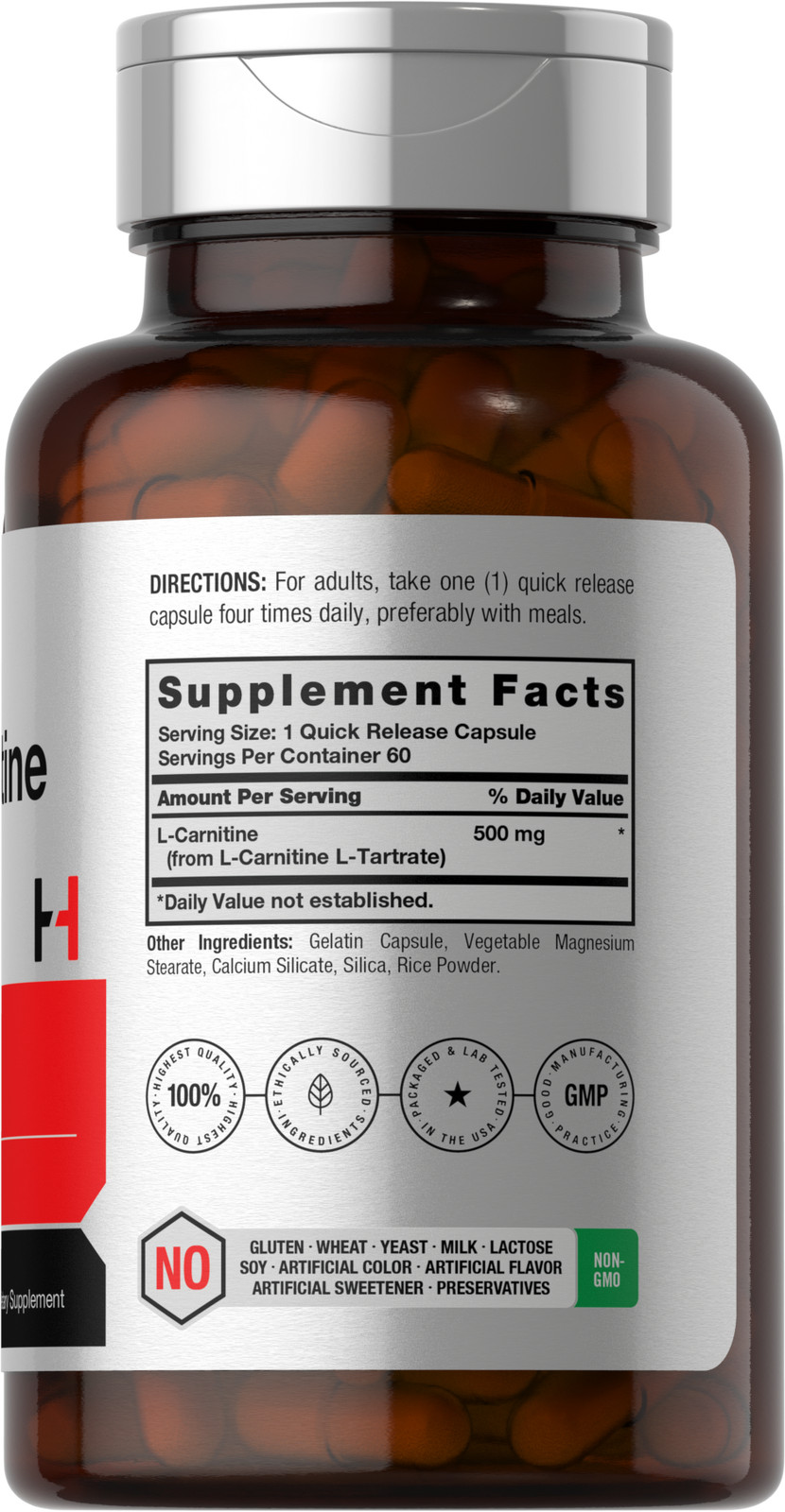 L Carnitine 500 mg | 60 Capsules | Non-GMO, Gluten Free | by Horbaach