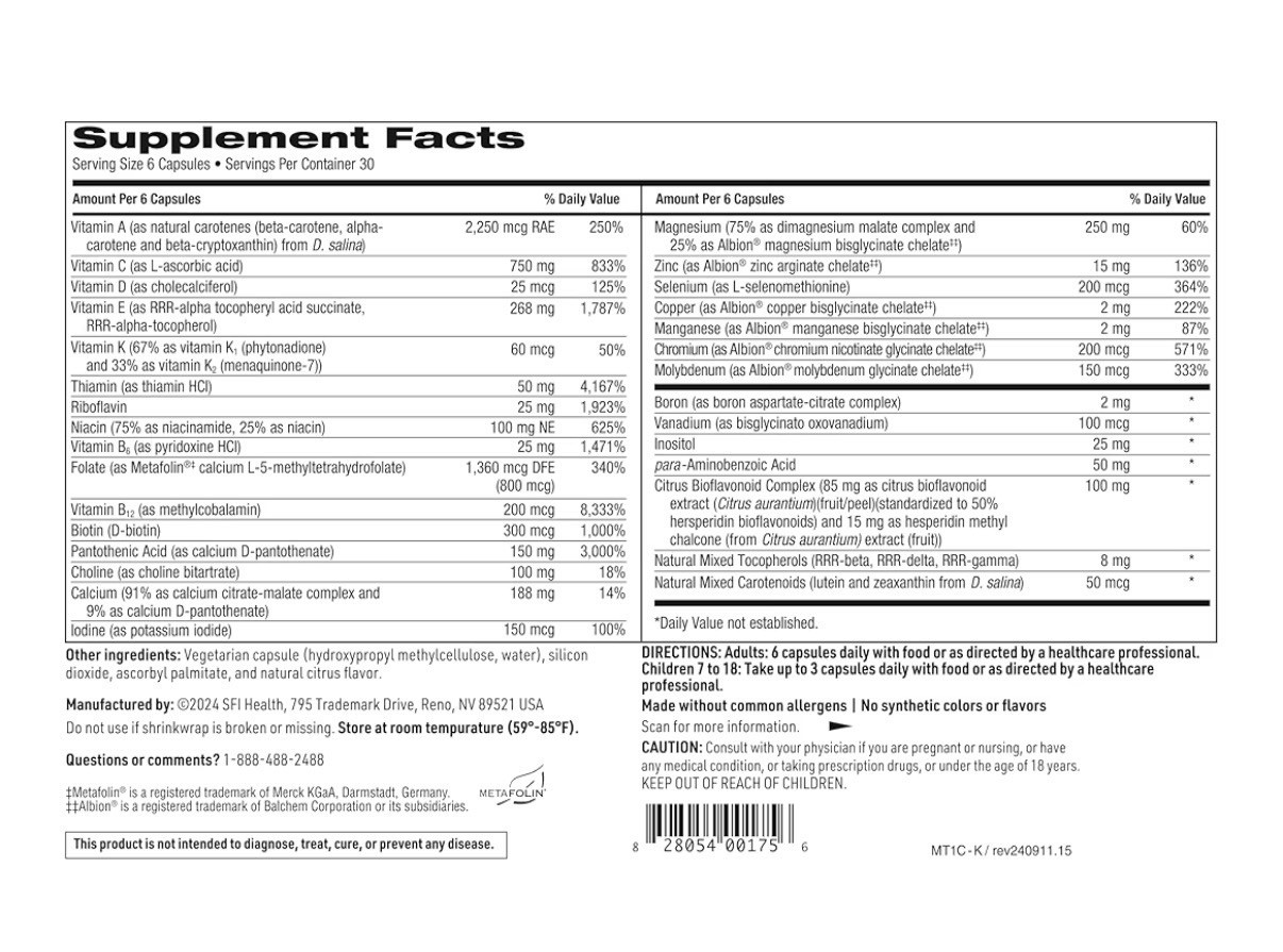 SFI Health MultiThera 1 Capsule Formula Plus K Iron-Free Multivitamin 180capsule