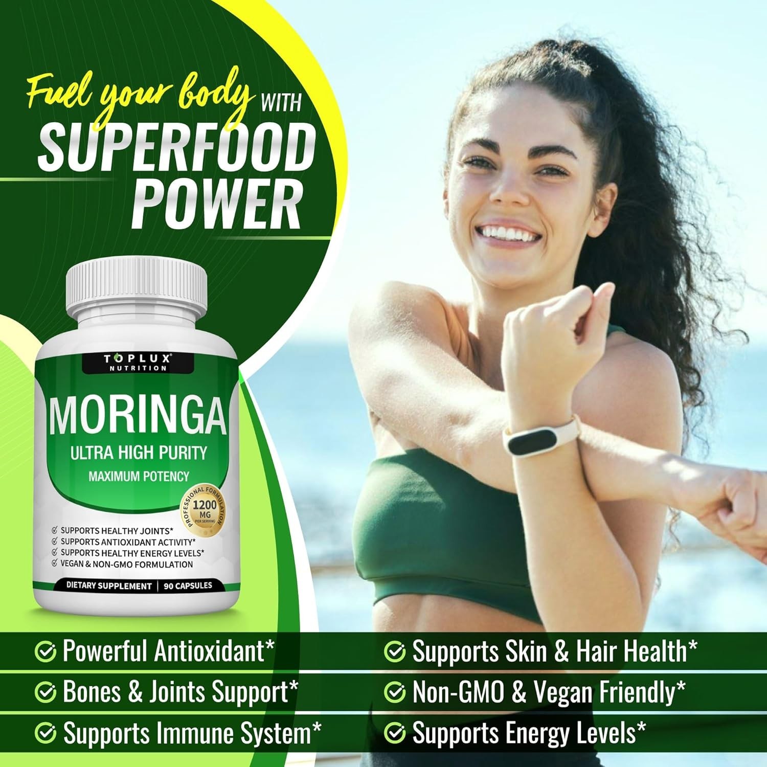 TOPLUX Moringa Capsules 1200mg Pure High Potency Immune Gut health
