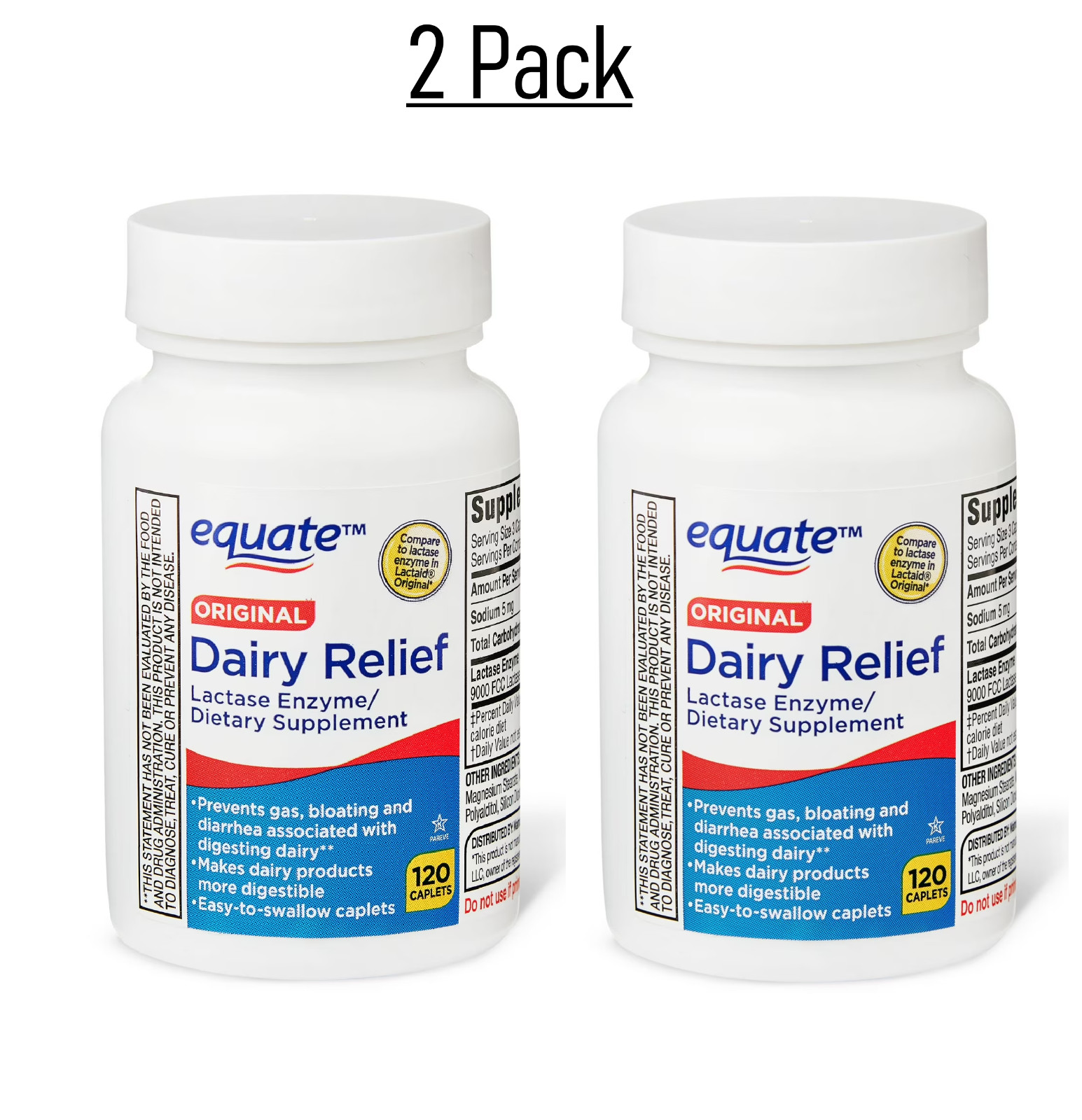 Equate Original Dairy Relief Lactase Enzyme Supplement Caplets 120COUNT 2 pack