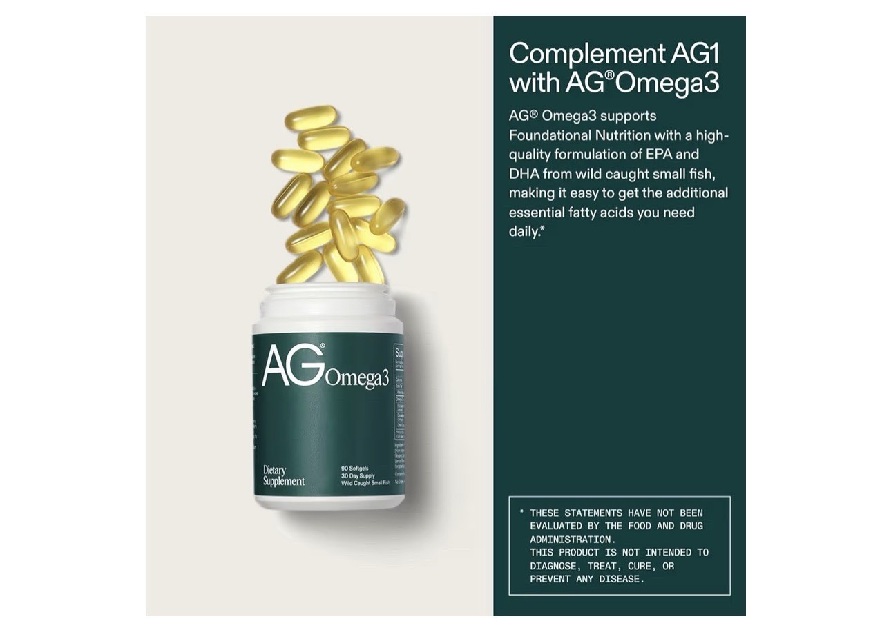 AG Omega-3 Supplement 90 Softgels Wild Caught Small Fish EPA DHA Lemon Flavor