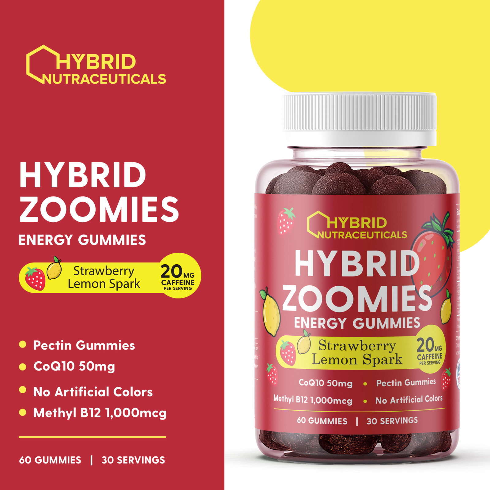 Hybrid Zoomies Energy Gummies 1000 mcg B12, 20 mg Caffeine and 50 mg of CoQ10