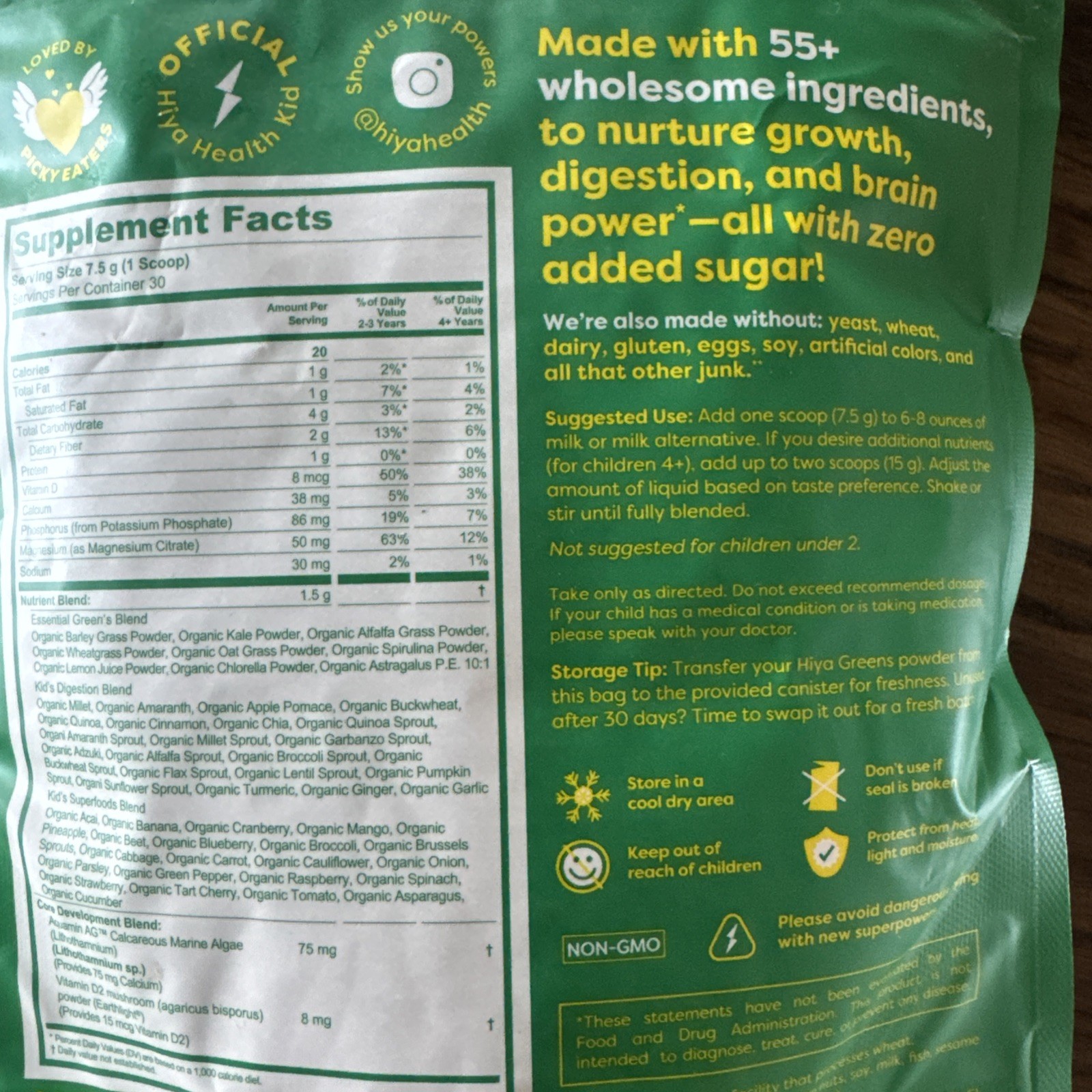 hiya Kids Daily Greens + Superfoods Powder, Chocolate, Vegan, 7.94 oz