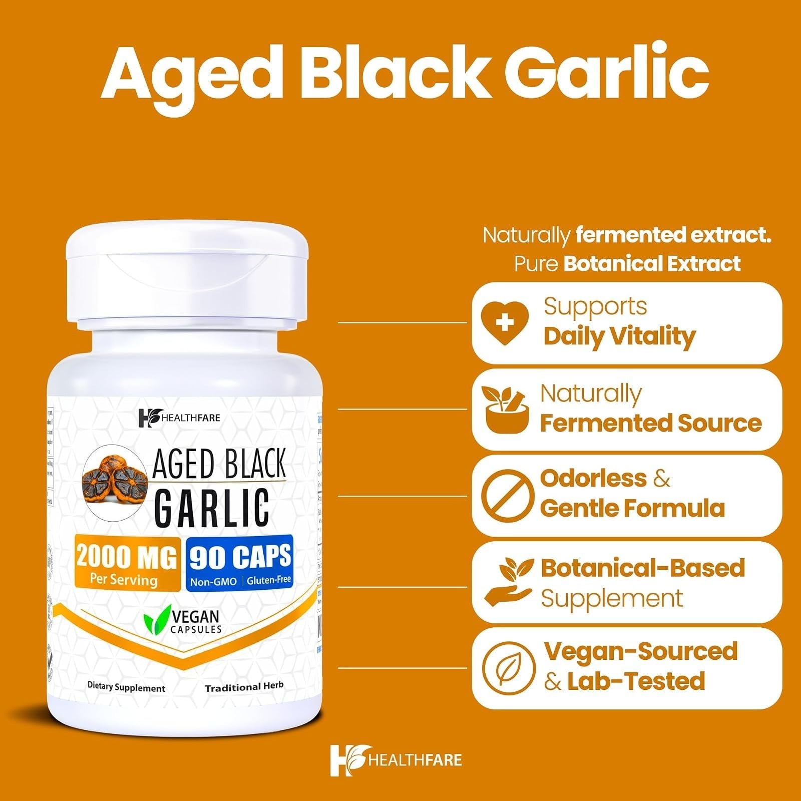 Healthfare Aged Black Garlic Supplement 90 Vegan Capsules Antioxidant